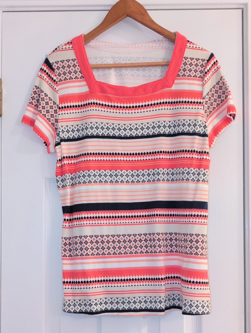 Kim Rogers Coral, Black & Cream Striped Square-Neck Tee
